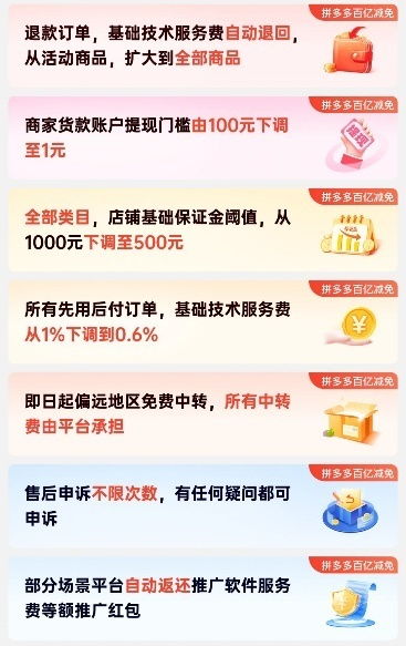 拼多多百亿减免新政再加码 全面自动退款并返还技术服务费，票务代理享同等福利